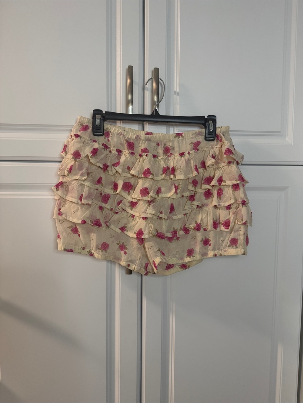 Free People Cream Ruffle Floral Skort Shorts with Pink Flowers